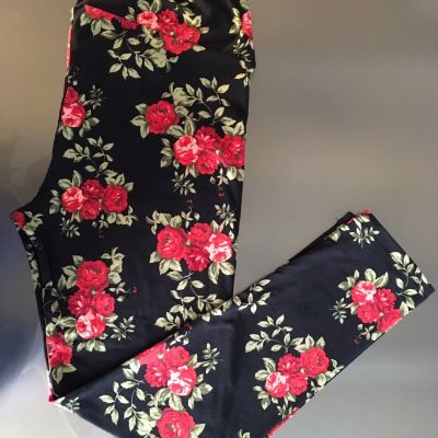 NWT LuLaRoe Leggings ~ TC ~ BLACK ~ RED & PINK ROSES ~ *UNICORN - HTF*